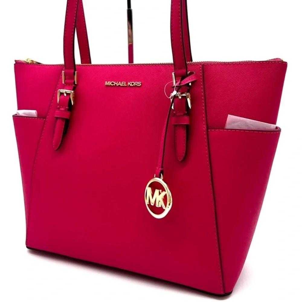 Michael Kors Large Charlotte Tote Bag Luggage Leather Electric Pink